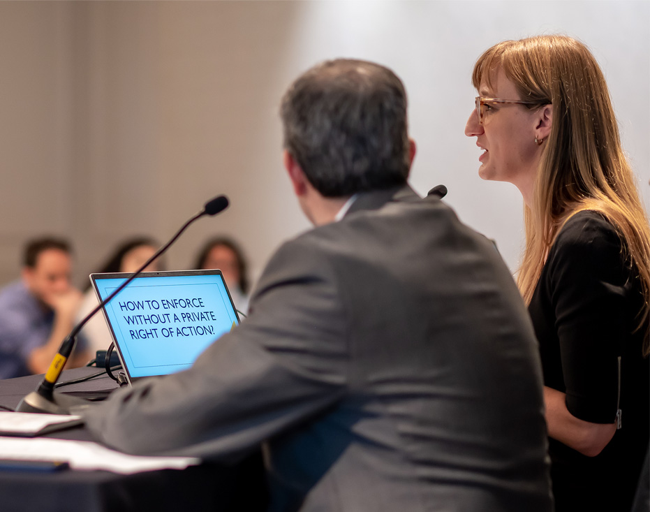 A woman speaking at a lecture with a laptop in front of her that reads "How to enforce Without a Private Right of Action."